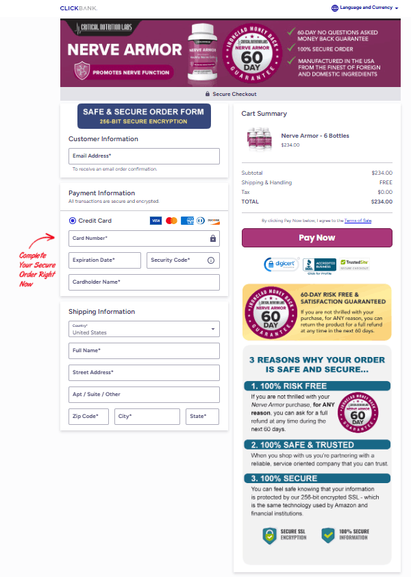 Nerve Armor Secure Checkout Page